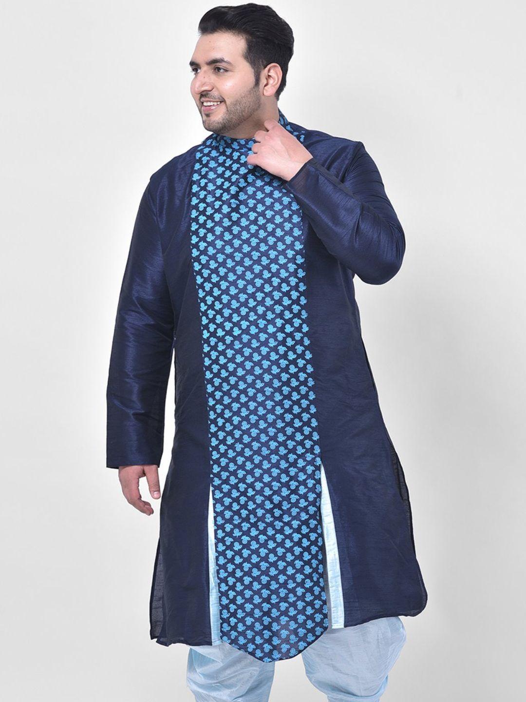 deyann plus plus size men navy blue geometric printed dupion silk kurta