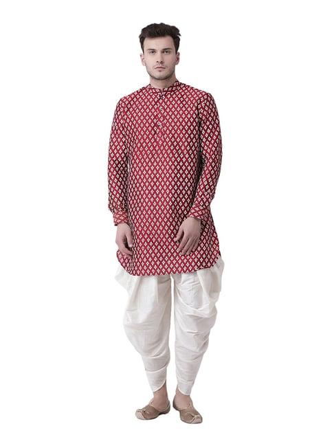 deyann red & white printed mandarin collar silk kurta set