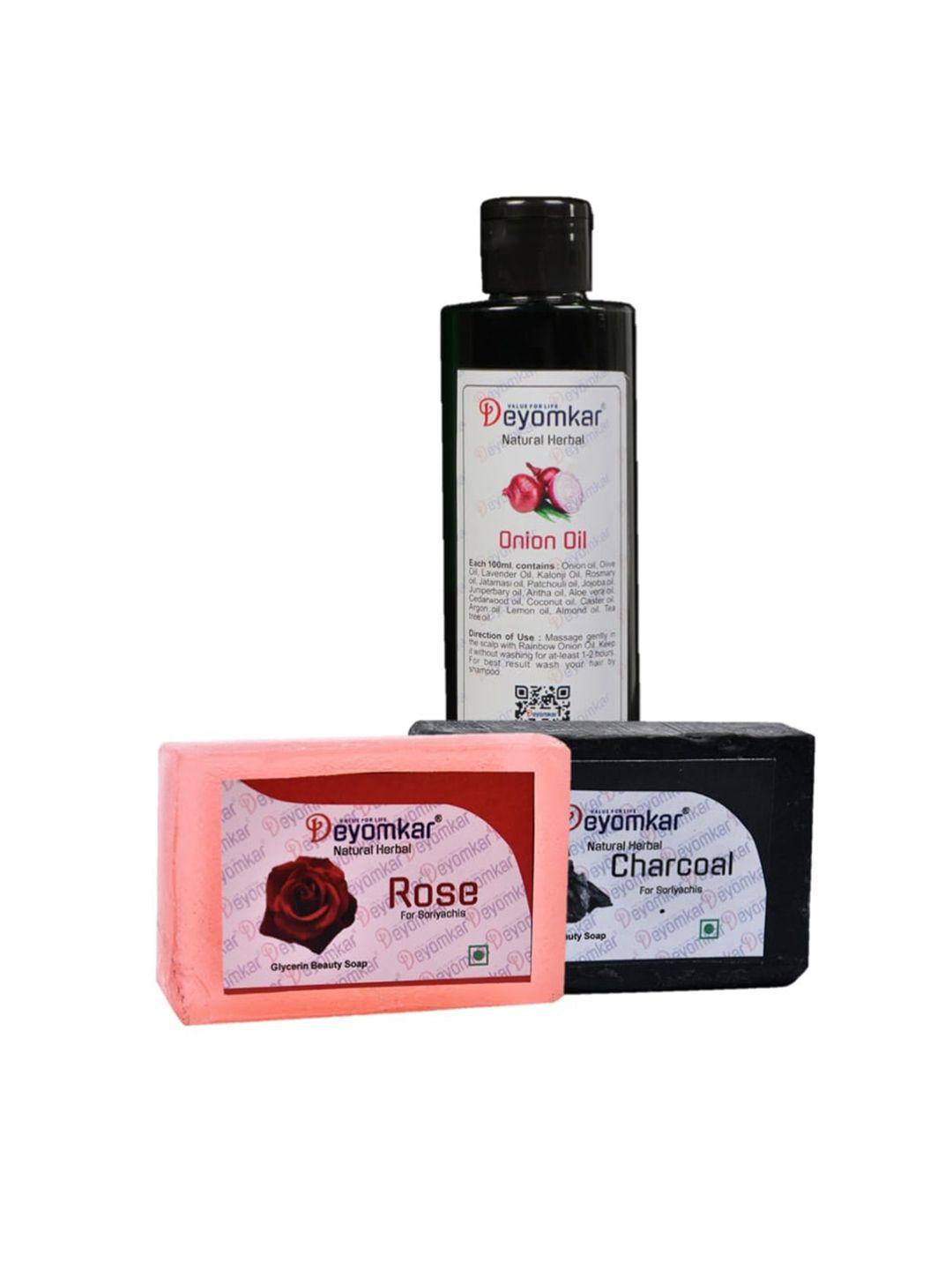 deyomkar herbal onion oil with rose soap and charcoal soap combo