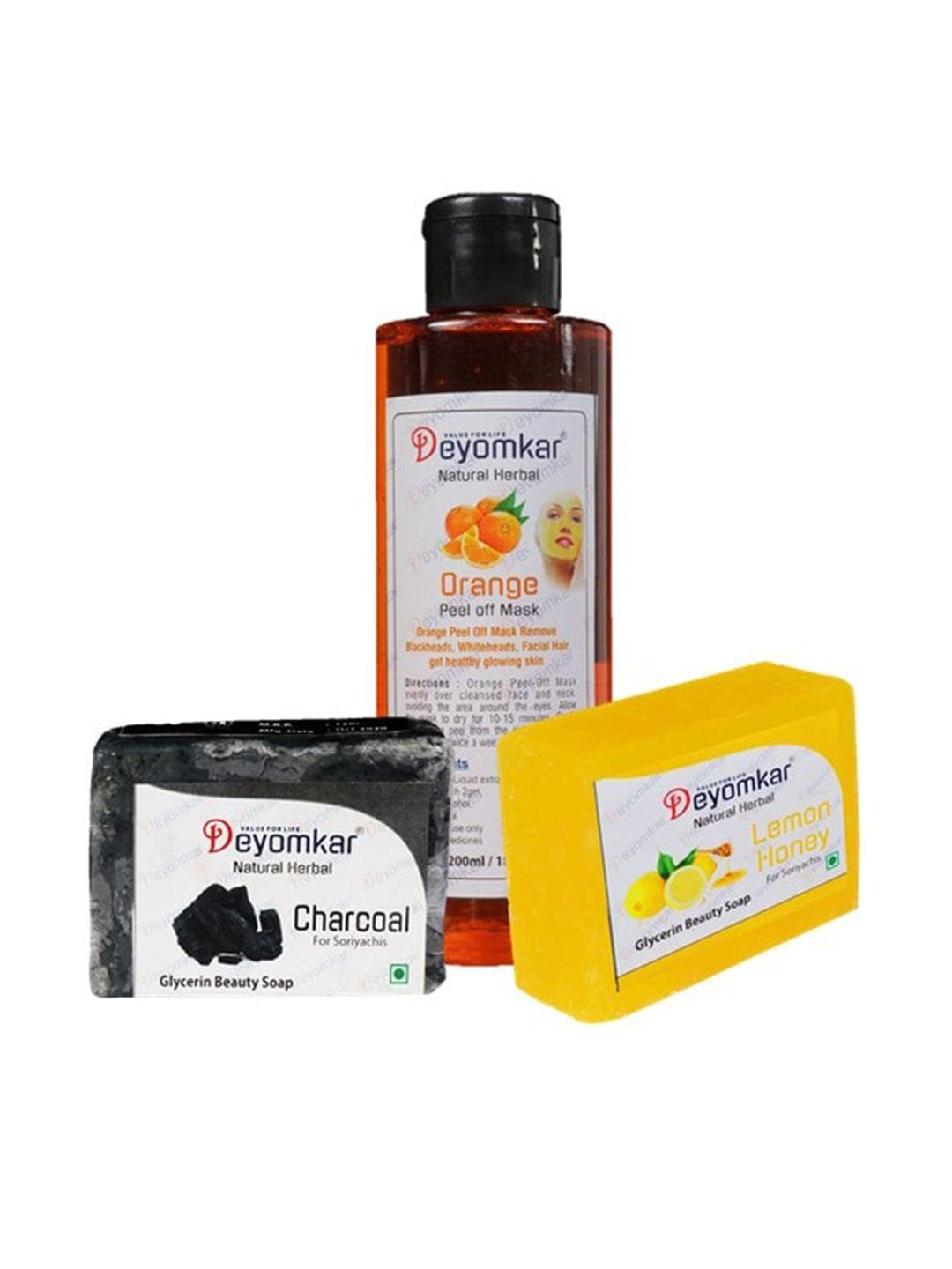 deyomkar herbal orange peel of mask with lemon honey soap and charcoal soap combo