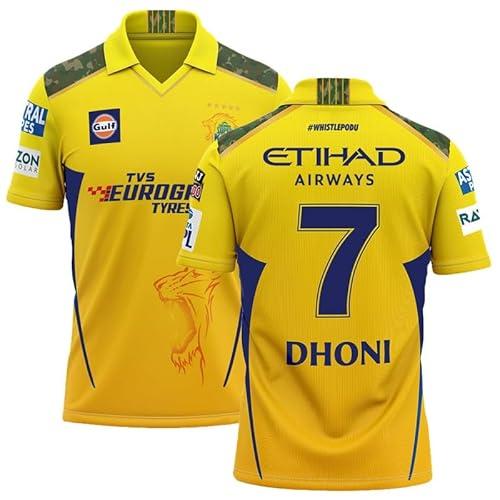 dhoni 7 chennai cricket team official jersey tshirt 2024/2025 (kids,boys,men)(large 40) multicolour