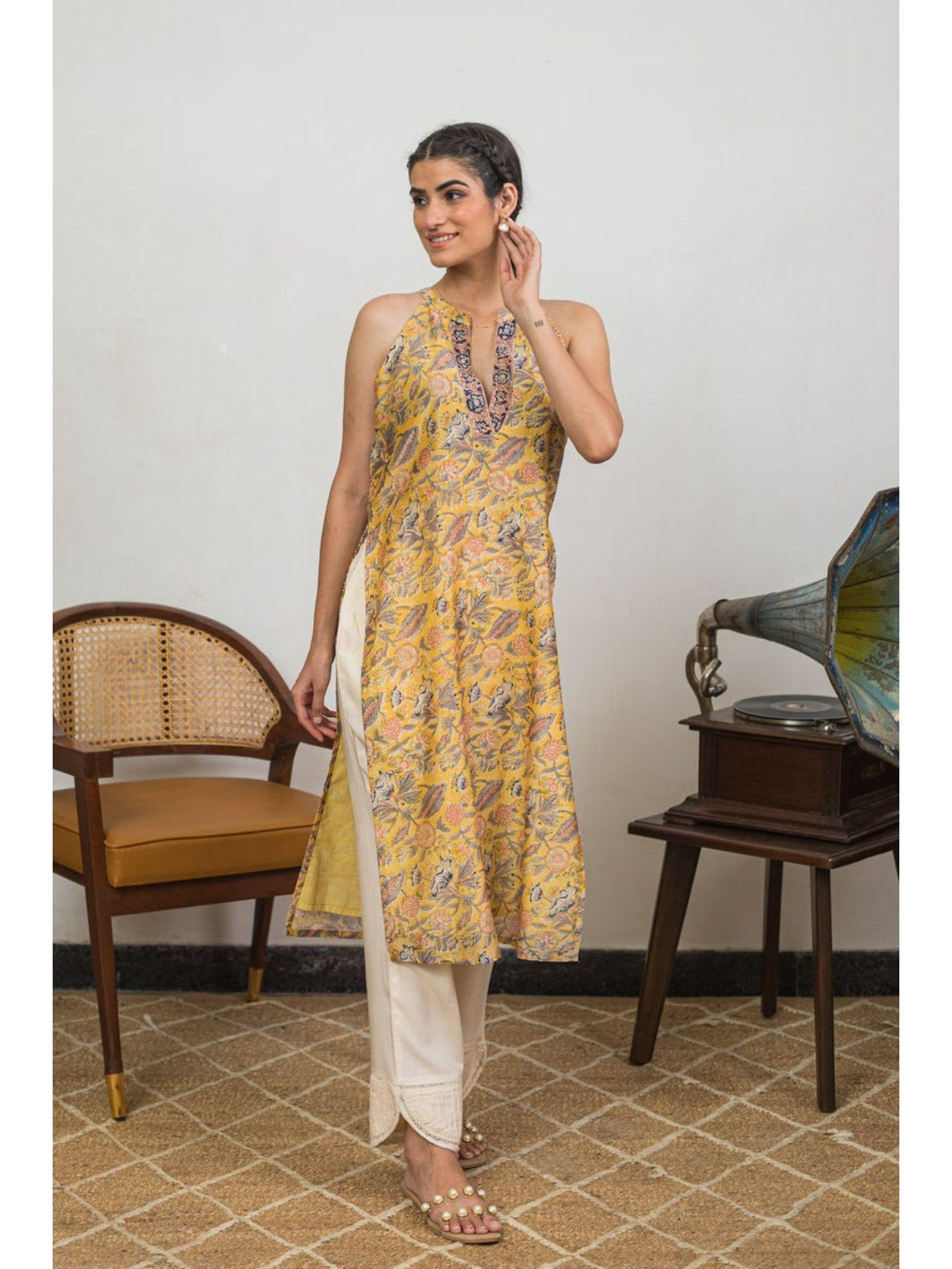 dhoop yellow floral sleeveless kurta with pant (set of 2)