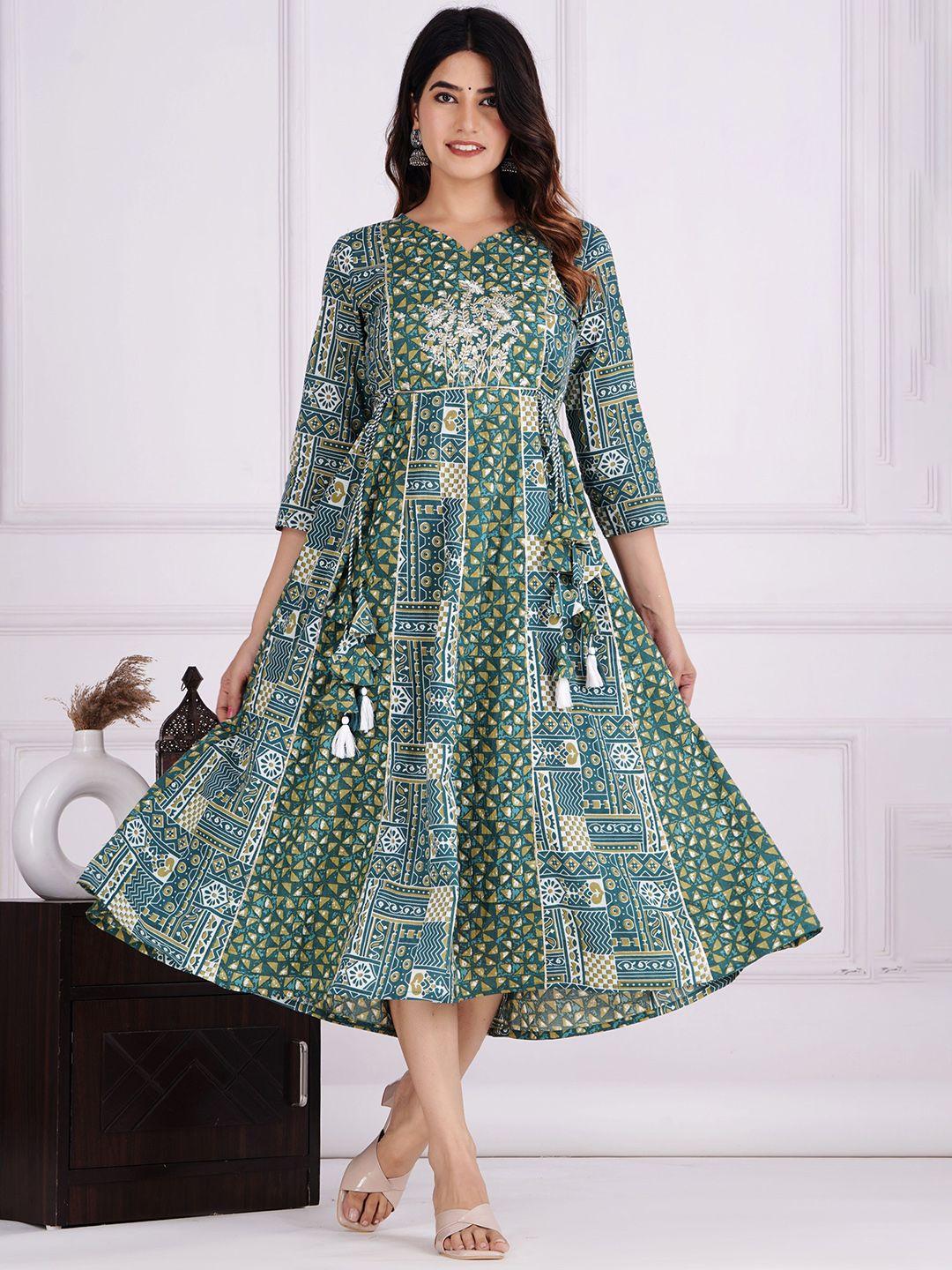 dhroov tara ethnic motifs printed cotton fit & flare midi ethnic dress