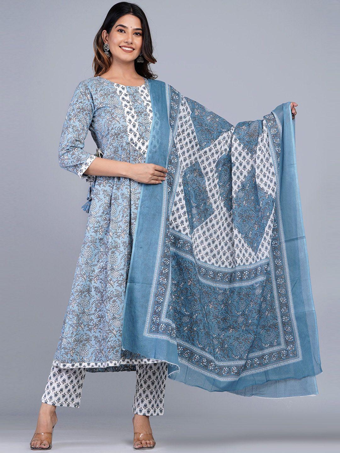 dhroov tara floral printed anarkali pure cotton kurta with trousers & dupatta