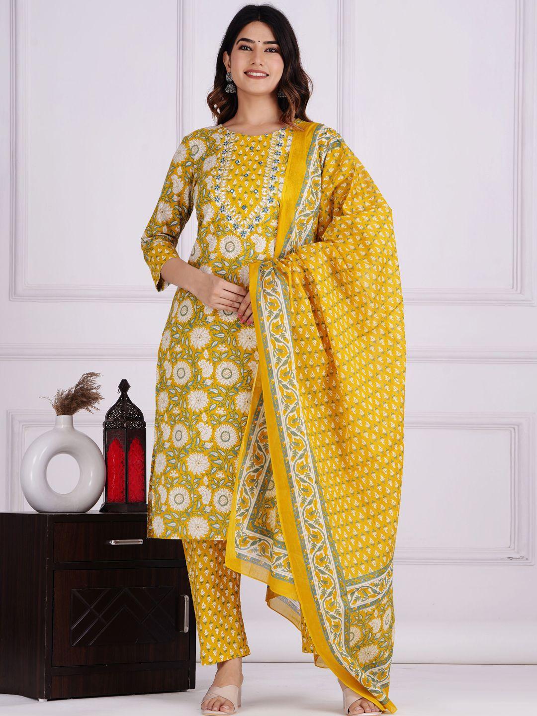 dhroov tara floral printed mirror work pure cotton kurta with trousers & dupatta