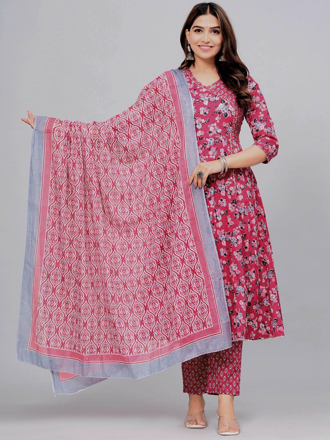 dhroov tara floral printed sequinned anarkali pure cotton kurta with trousers & dupatta