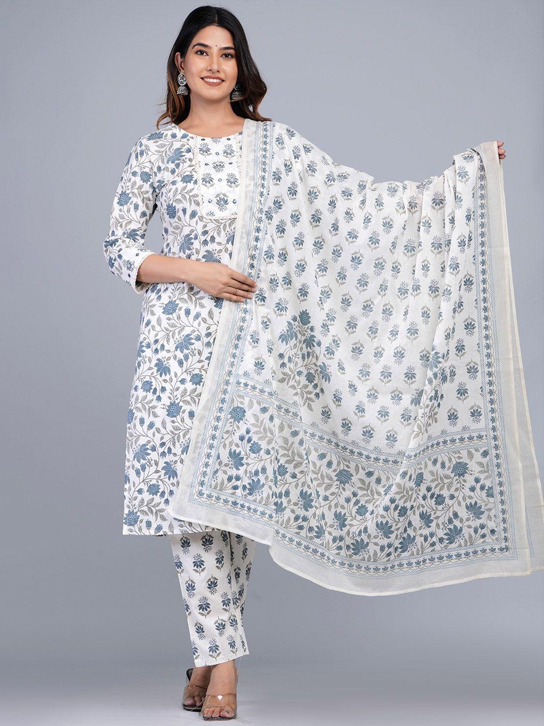 dhroov tara floral printed straight pure cotton kurta with trousers & dupatta