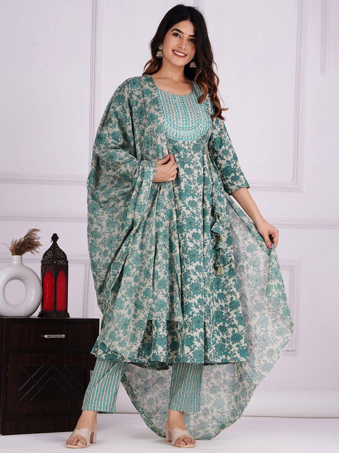 dhroov tara floral printed thread work anarkali pure cotton kurta with trousers & dupatta