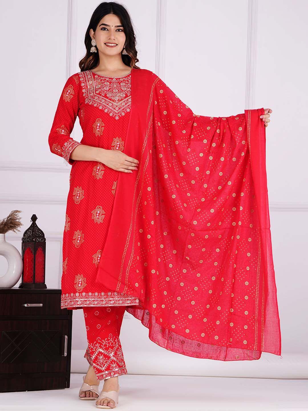 dhroov tara women red bandhani embroidered regular kurta with trousers & with dupatta