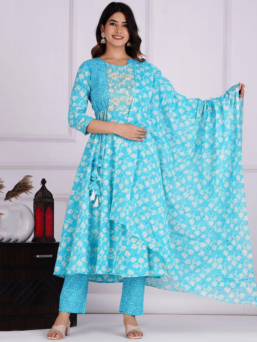 dhroov tara women sea green floral printed regular pure cotton kurta with trousers & with dupatta