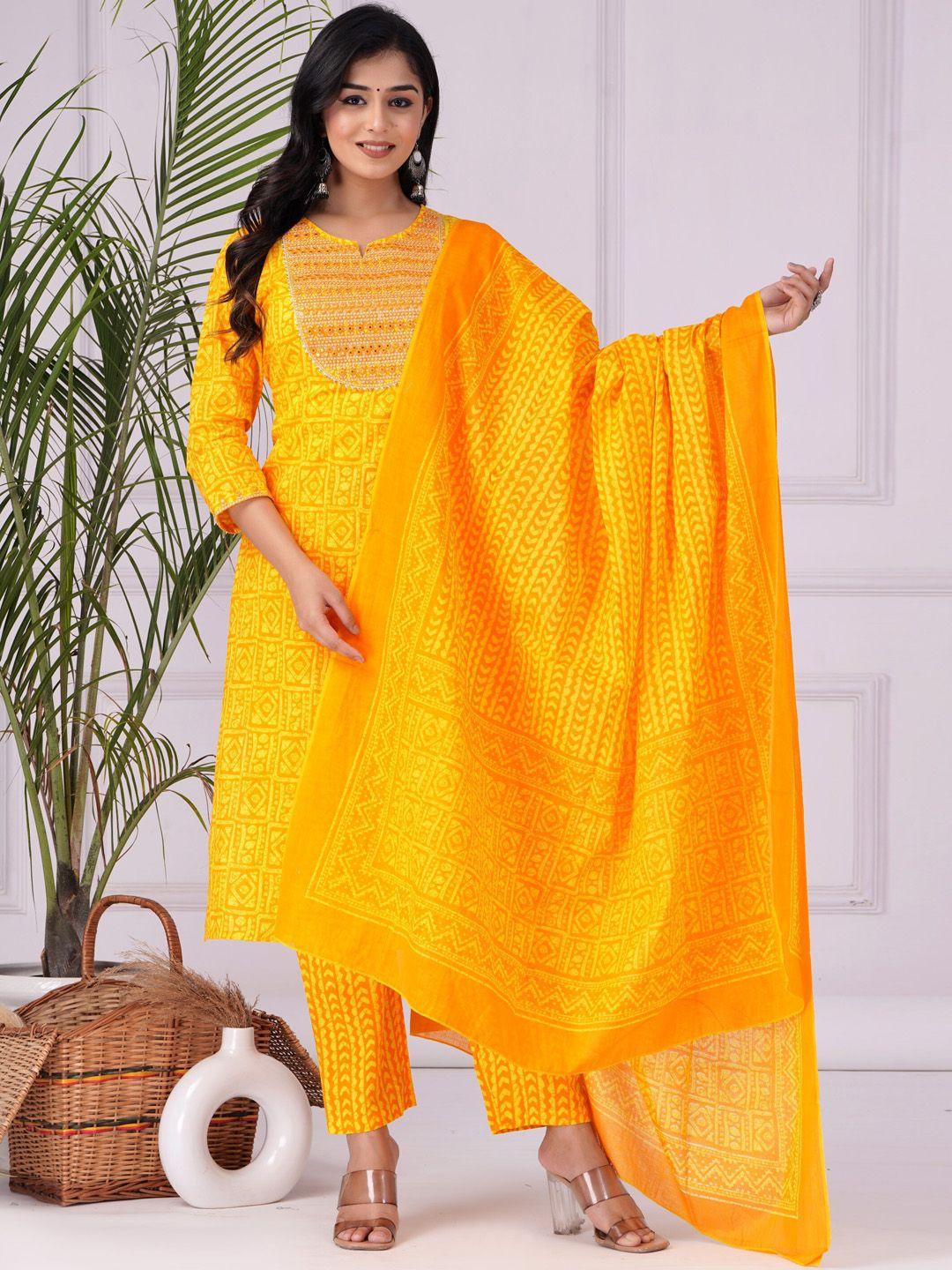 dhroov tara women yellow floral embroidered regular pure cotton kurta with trousers & with dupatta