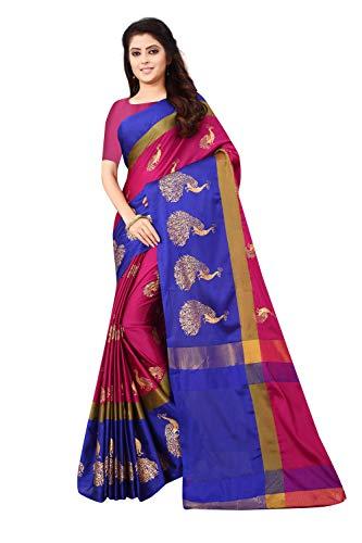 dhruvi trendz women's banarasi cotton & silk saree with un-stitched blouse (dt-s153_pink_free size_pink)