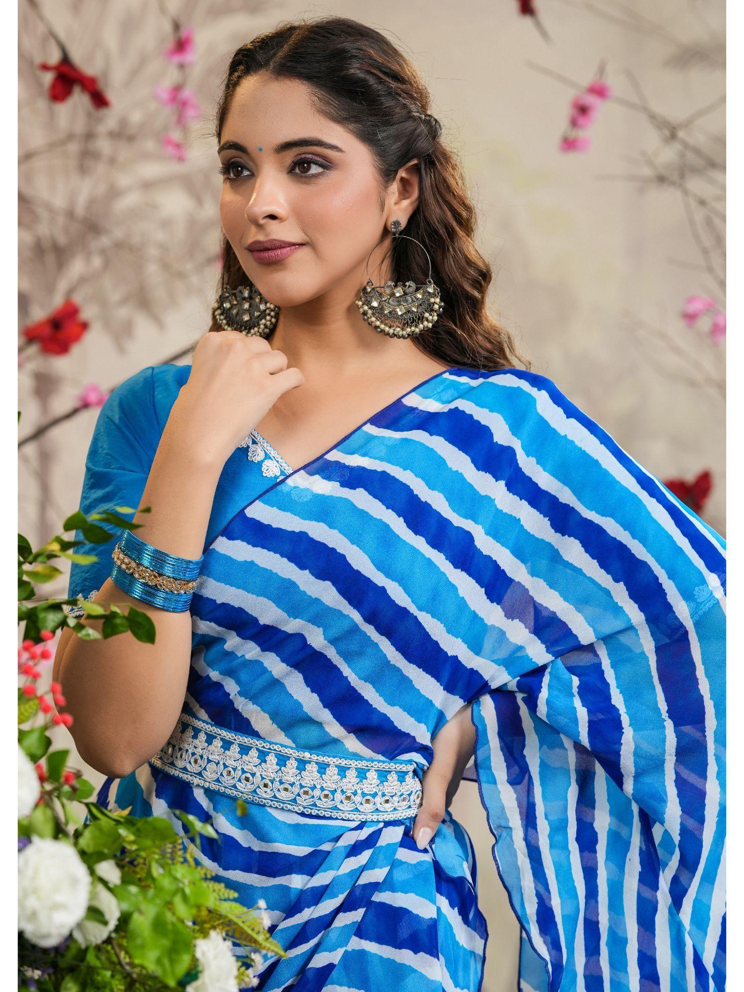 dia blue leheriya pre-draped saree & belt with stitched blouse
