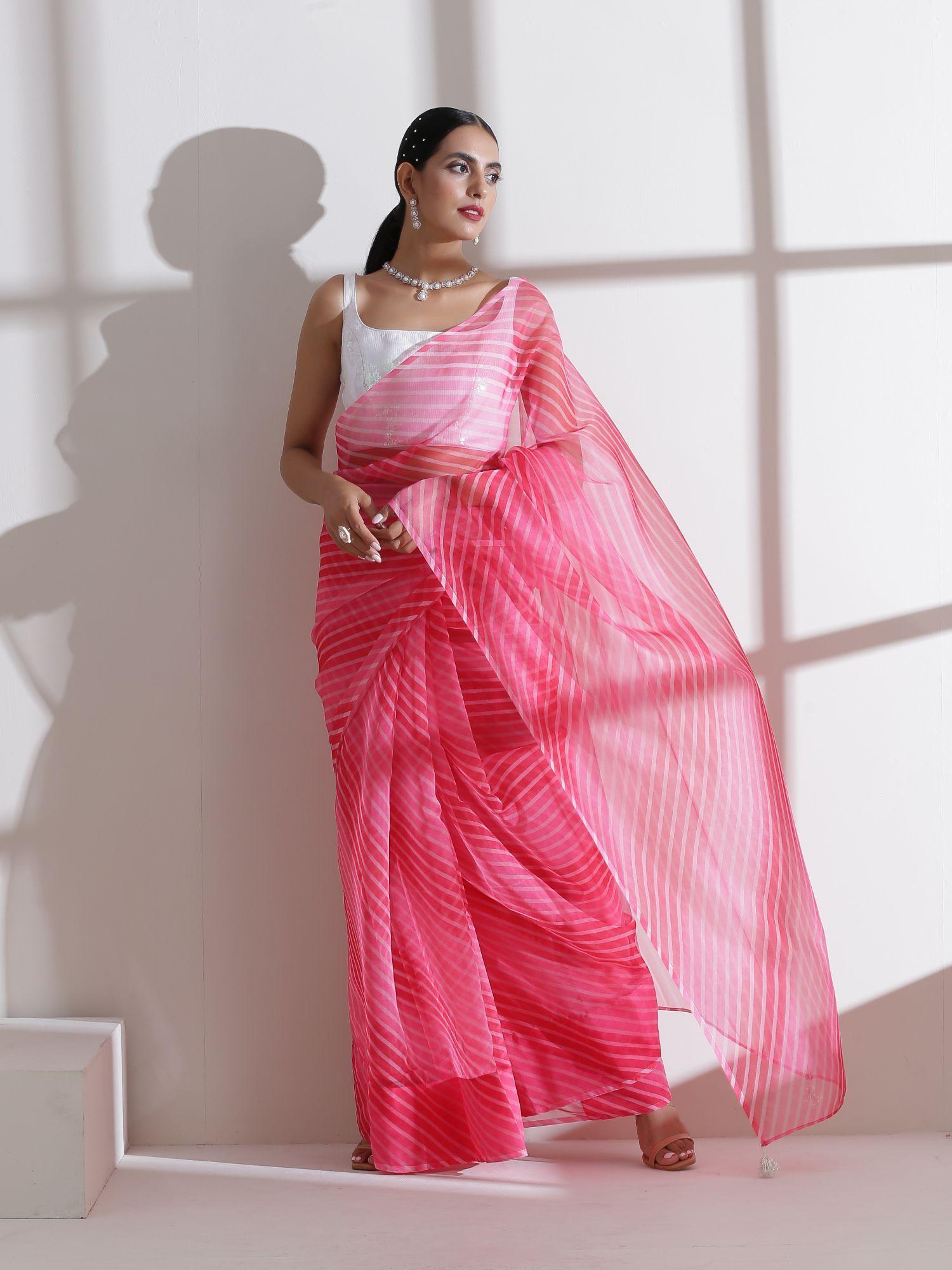 diagonal ombre pink organza saree