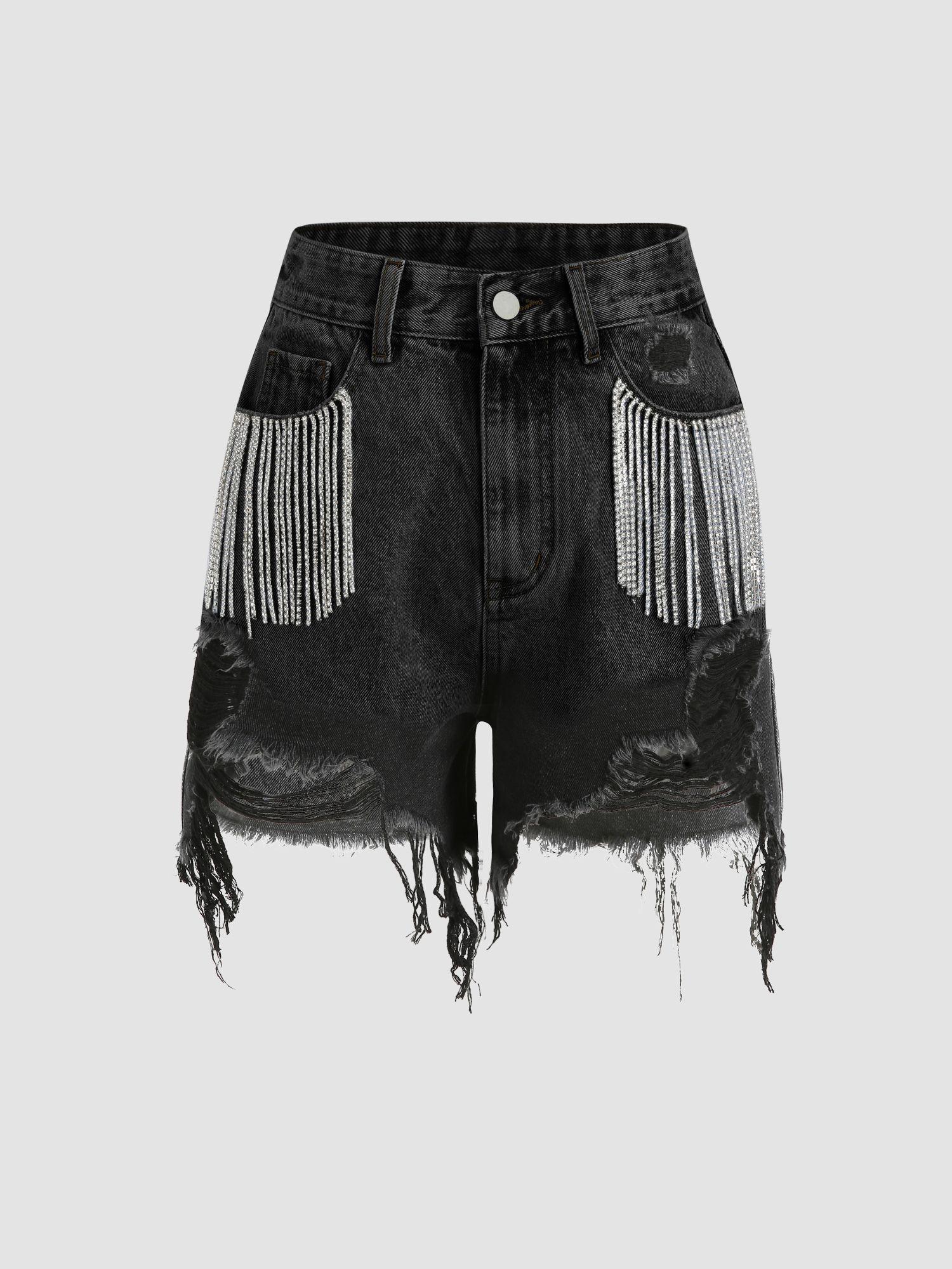 diamond tassels ripped denim shorts