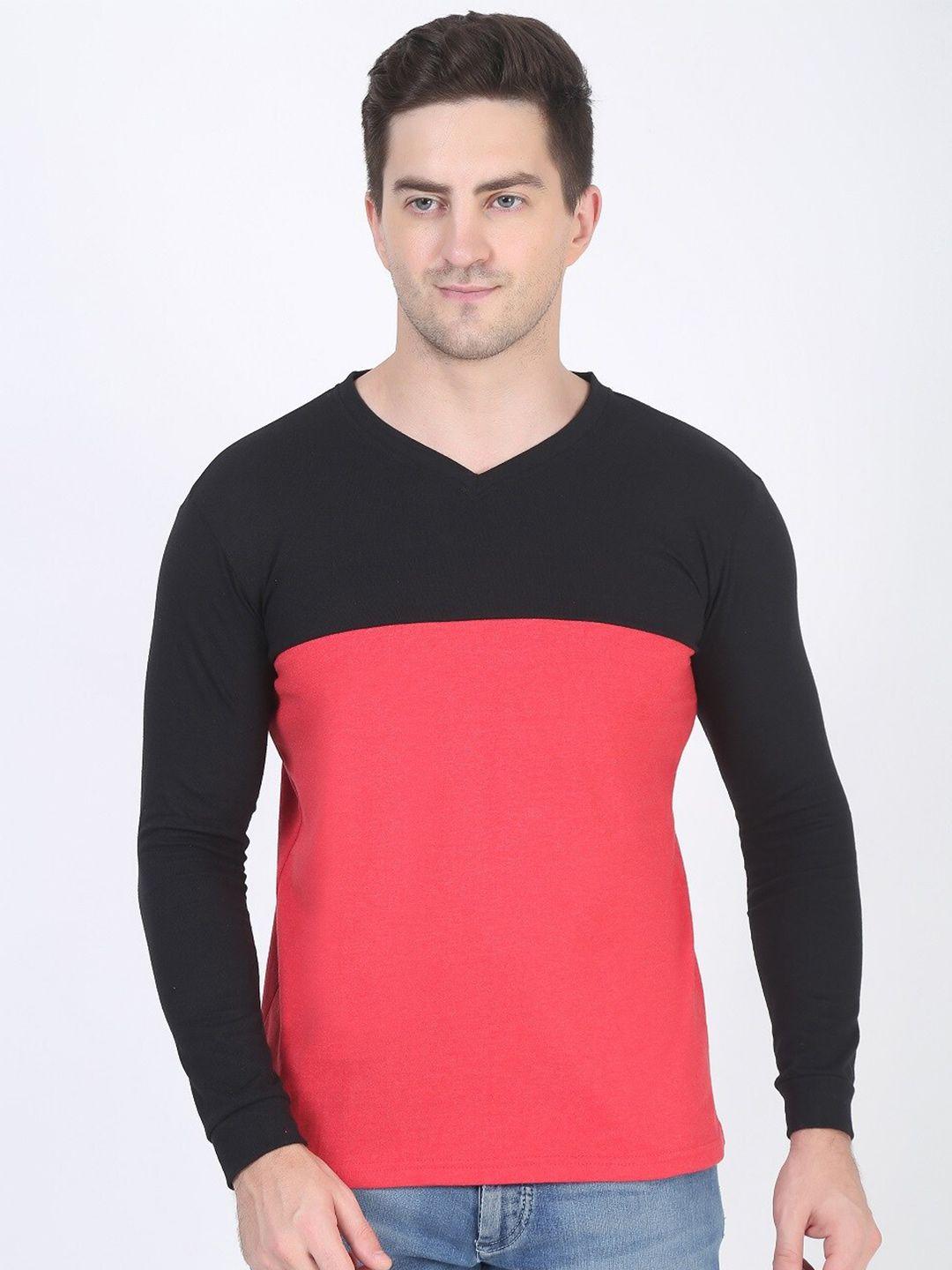 diaz men colourblocked v- neck long sleeves cotton t-shirt