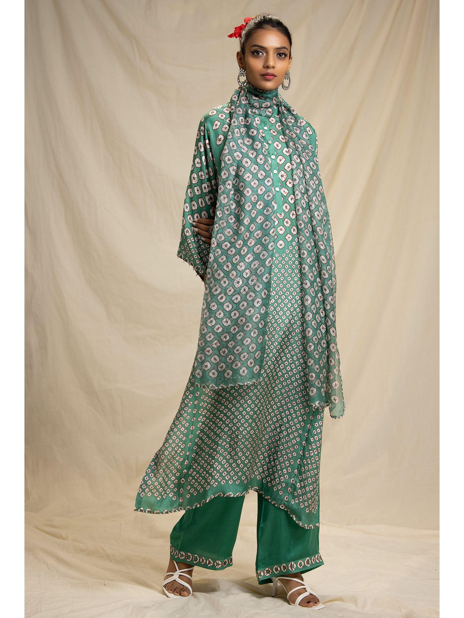 dibbia ghazala green tunic with palazzo & stole (set of 3)