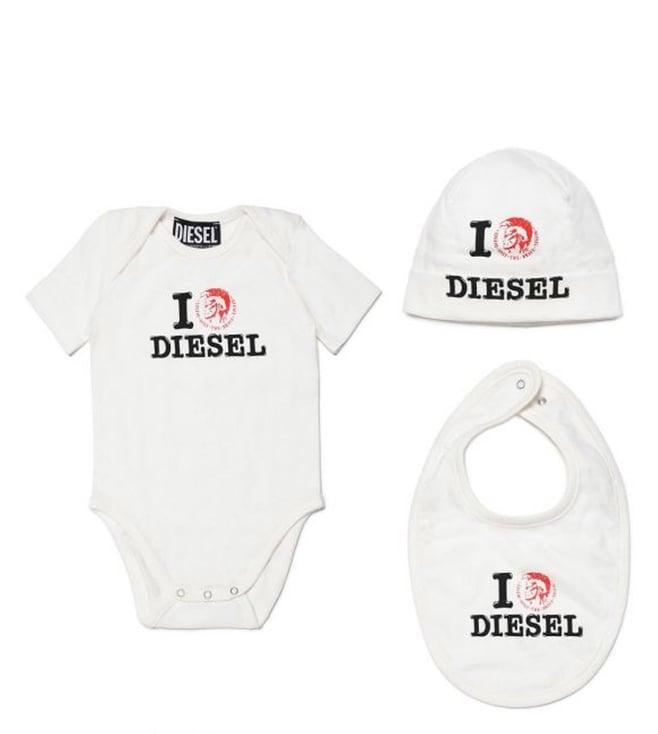 diesel kids white logo comfort fit bodysuit, cap & bib set