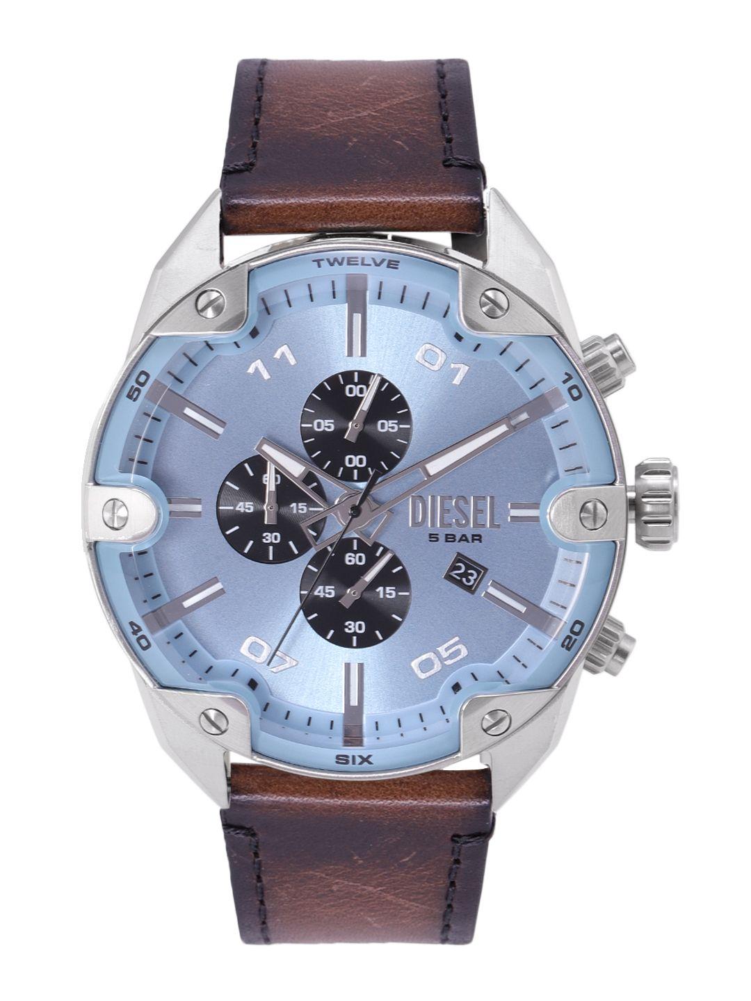 diesel men blue dial & brown leather straps analogue chronograph watch dz4606