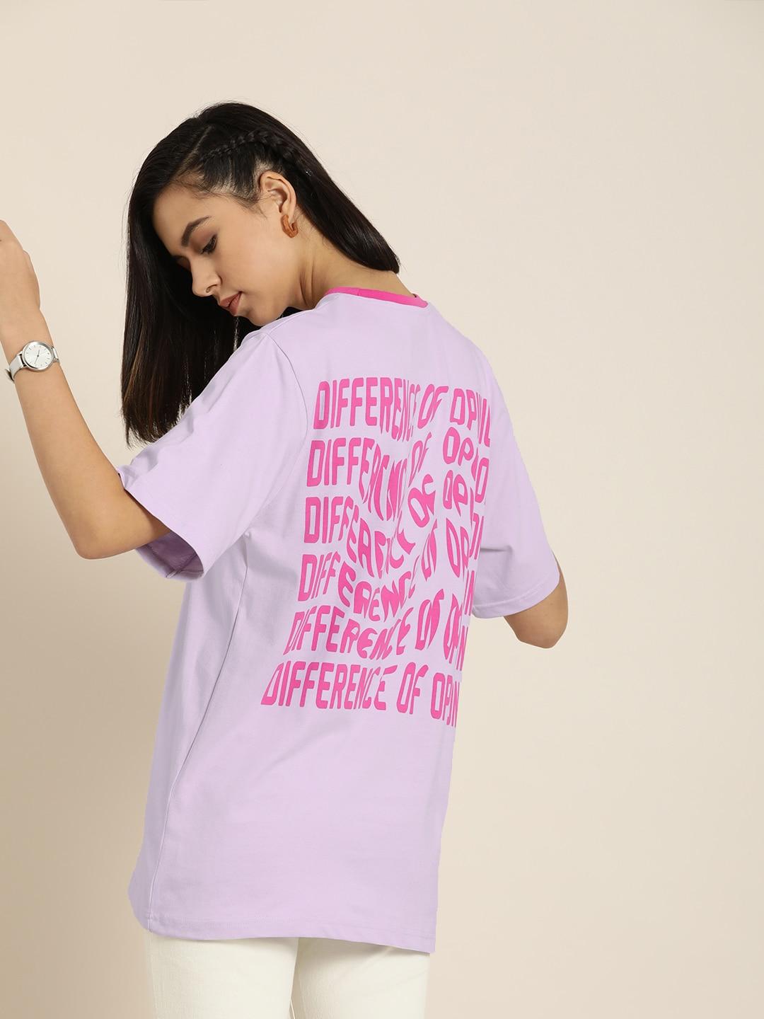difference of opinion lavender typography back printed oversized cotton longline tshirt
