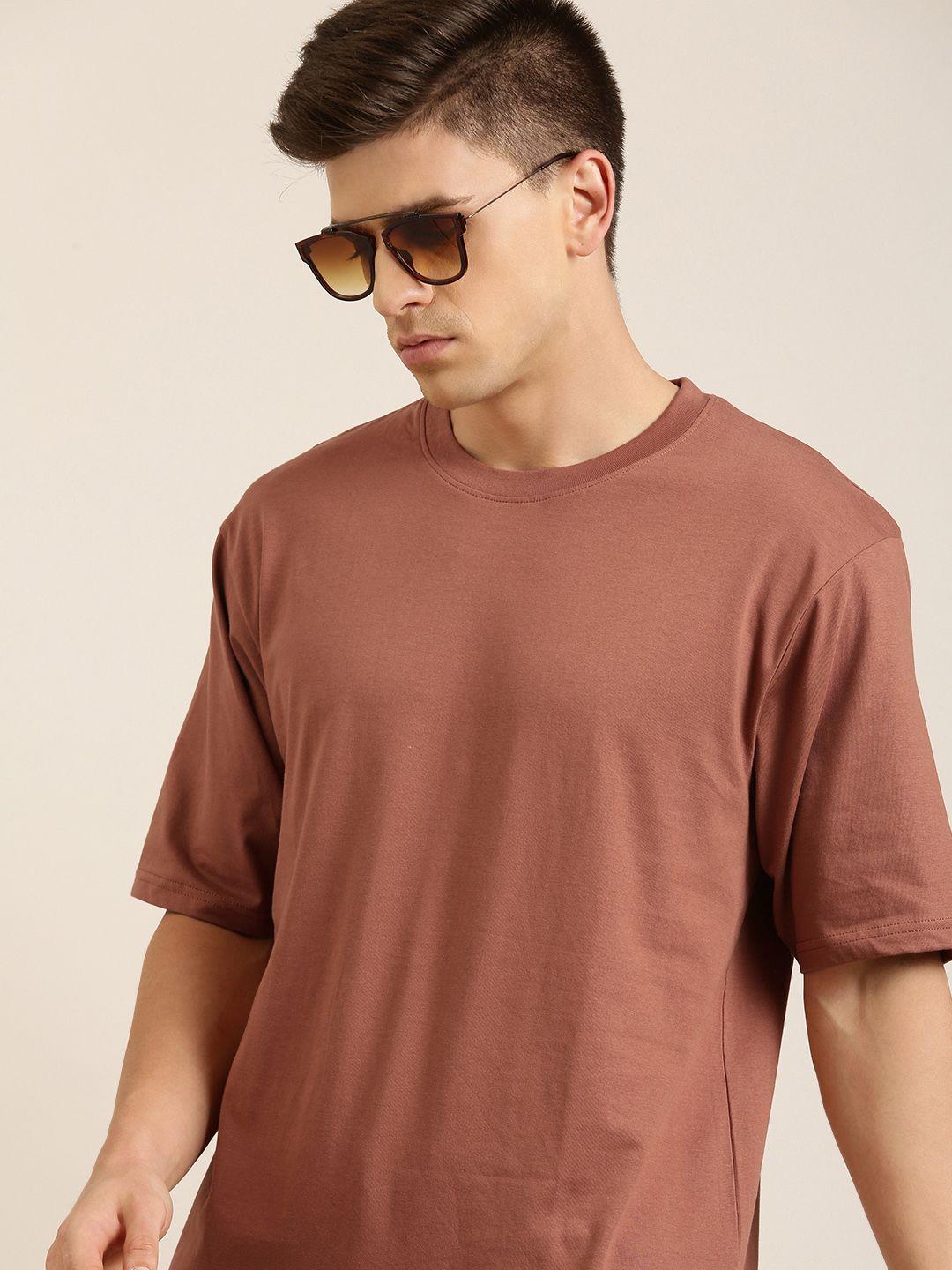 difference of opinion men brown solid cotton drop-shoulder oversized fit t-shirt
