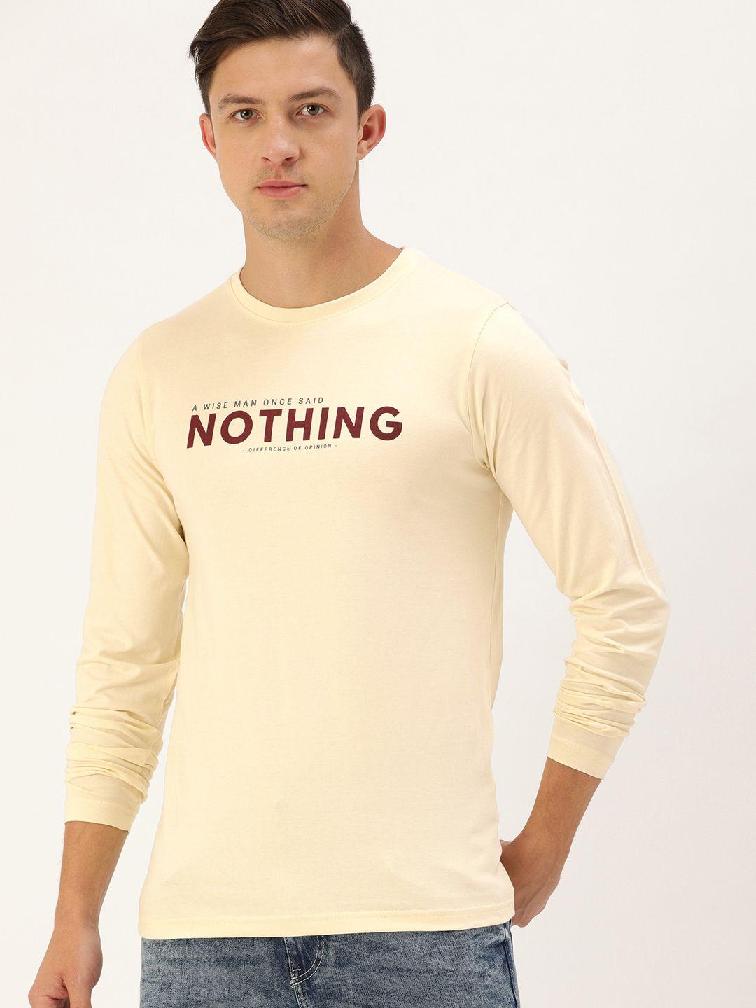 difference of opinion men cream-coloured pure cotton typography printed round neck t-shirt