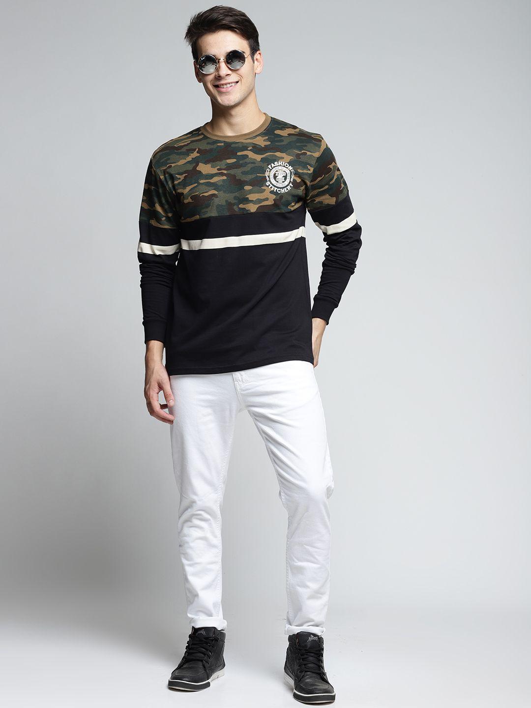 difference of opinion men khaki & black printed round neck t-shirt