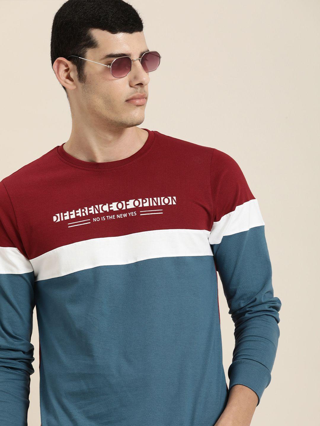 difference of opinion men maroon  blue colourblocked round neck pure cotton t-shirt