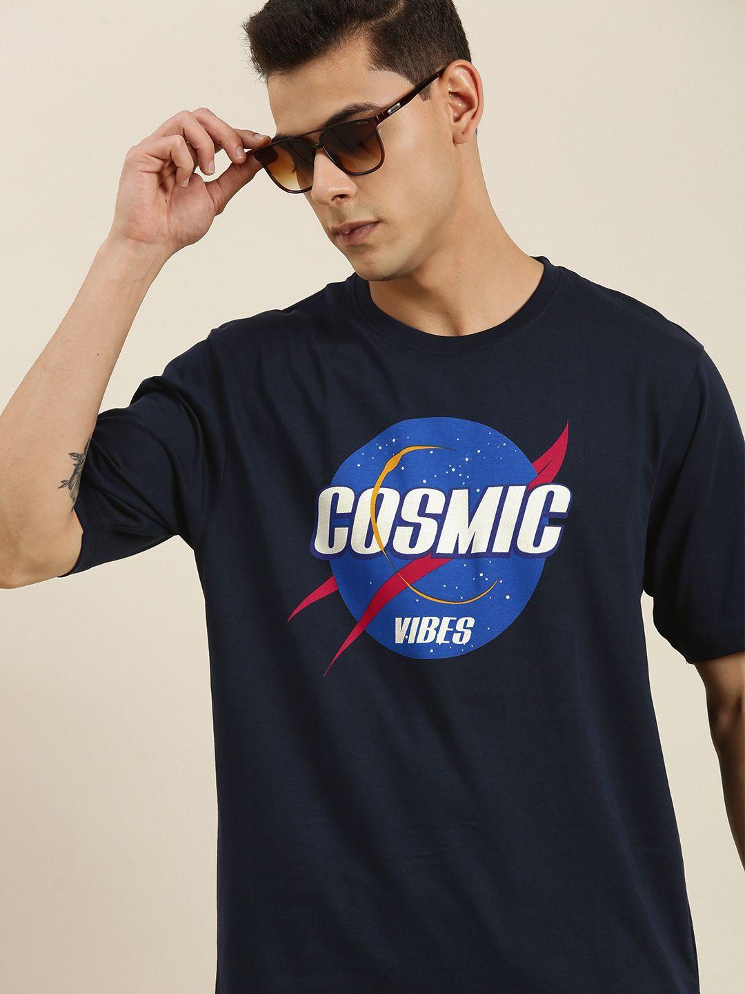 difference of opinion men navy blue typography print drop-shoulder sleeves pure cotton
