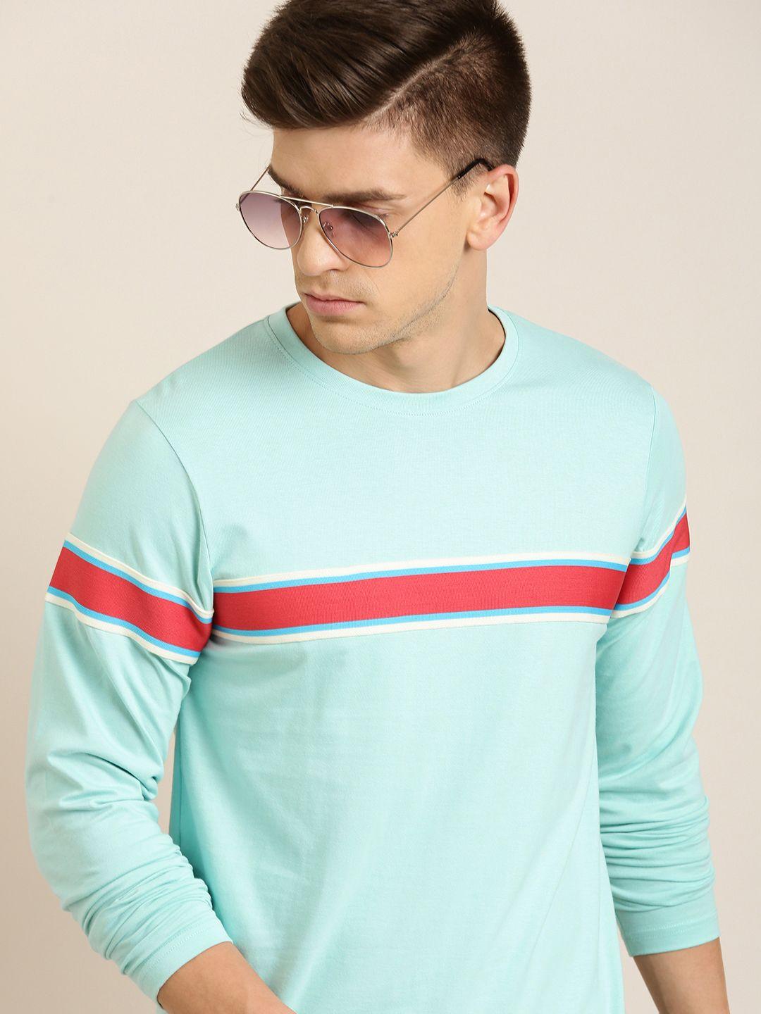 difference of opinion men sea green & pink pure cotton striped t-shirt