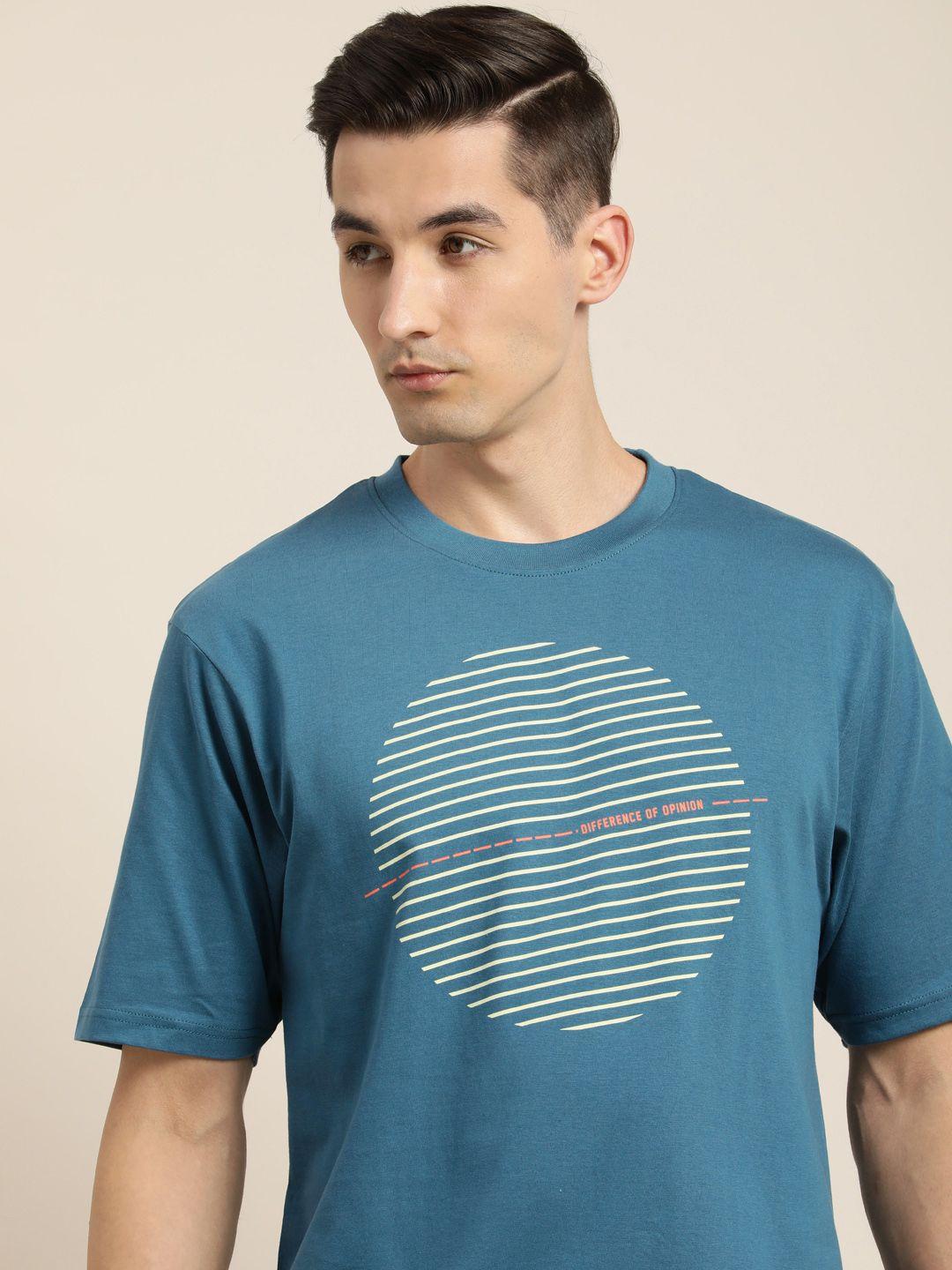difference of opinion men teal blue & off white geometric print oversized cotton t-shirt