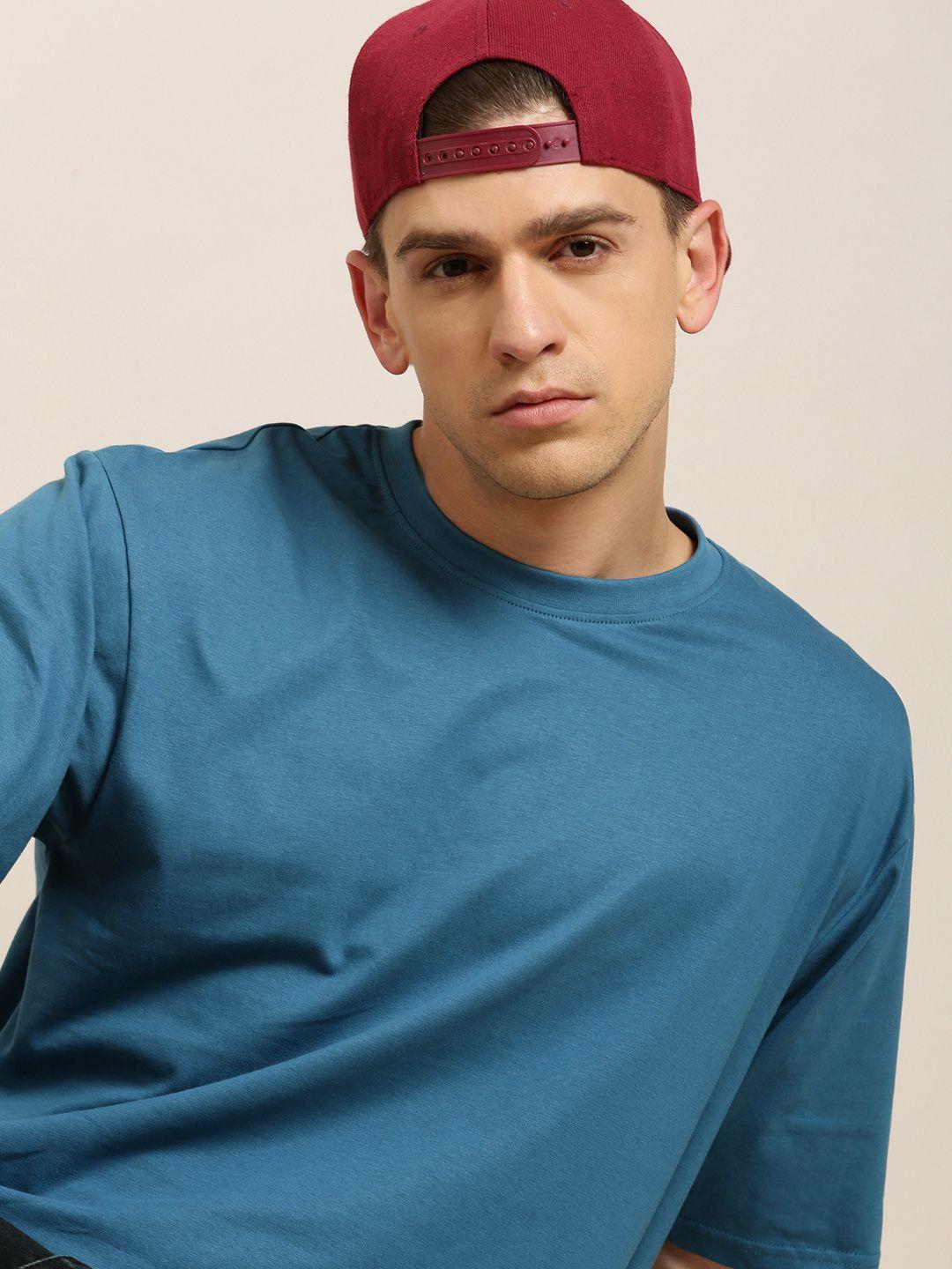 difference of opinion men teal blue pure cotton drop-shoulder loose fit oversized t-shirt