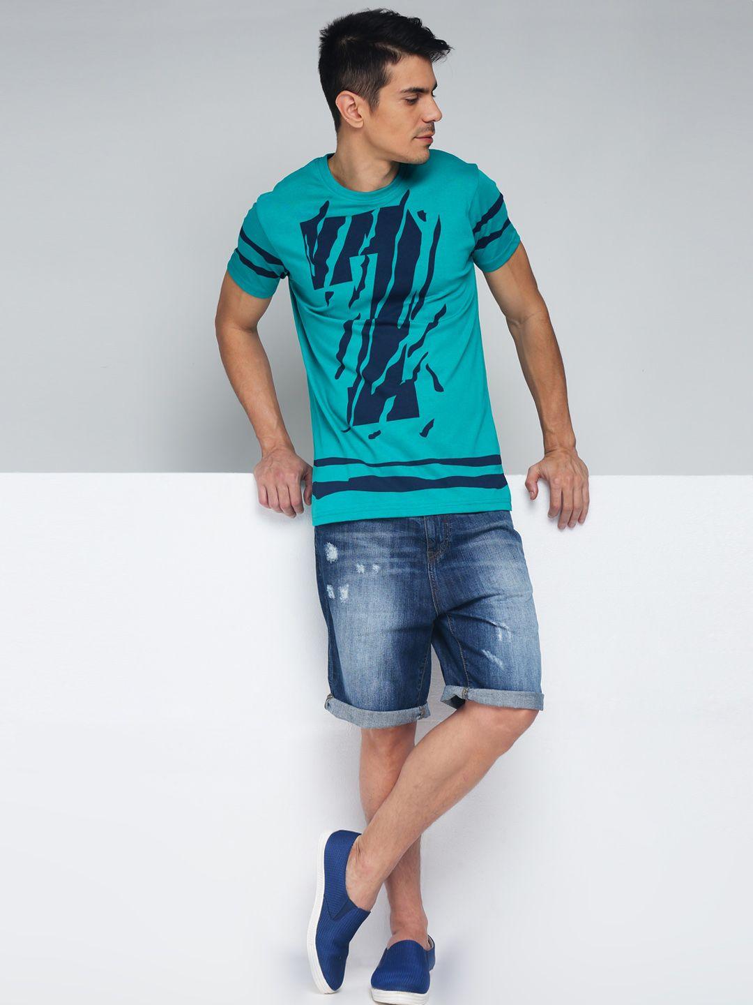 difference of opinion men teal green printed round neck t-shirt