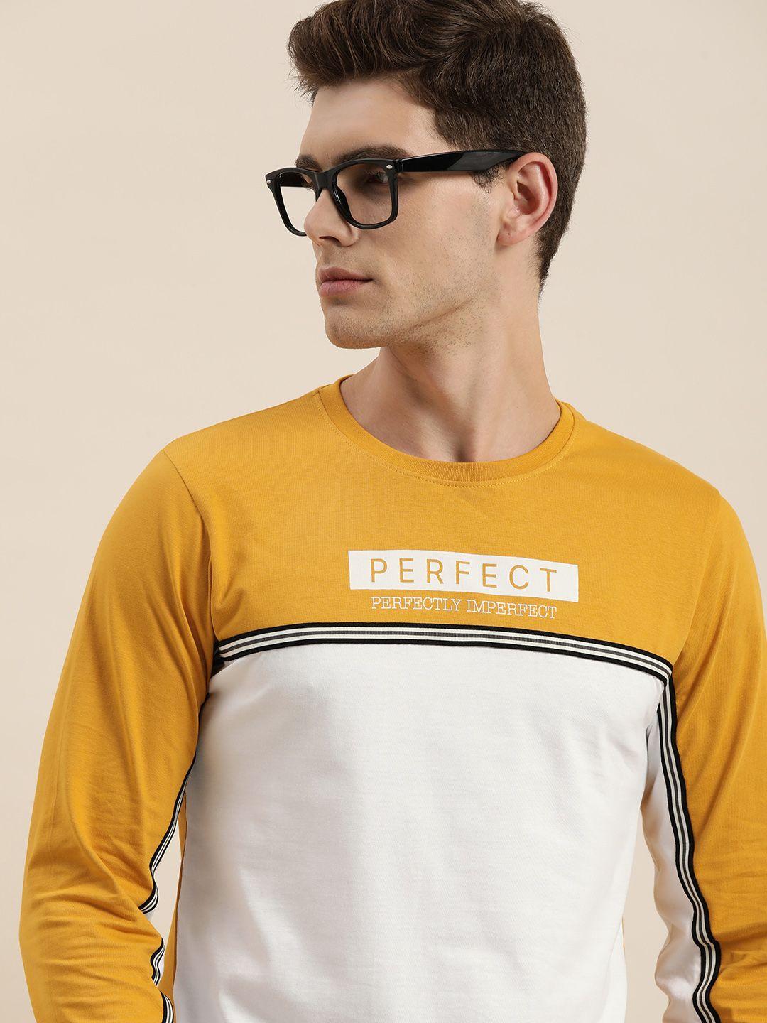 difference of opinion white  mustard yellow pure cotton colourblocked round neck pure cotton t-shirt