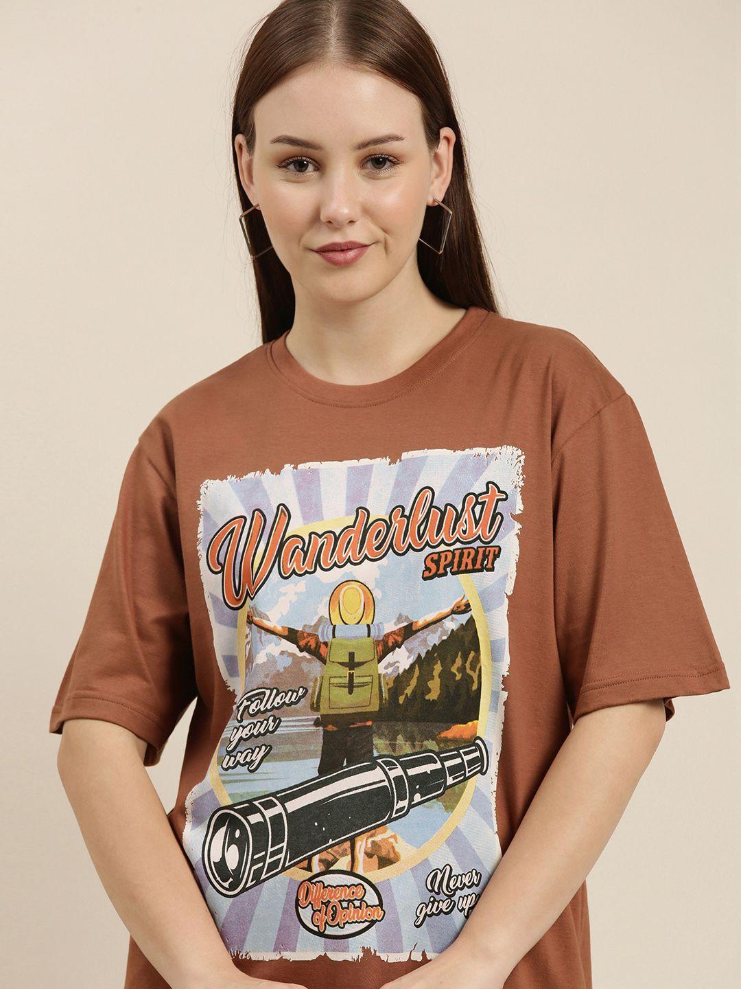 difference of opinion women brown printed pure cotton oversized t-shirt