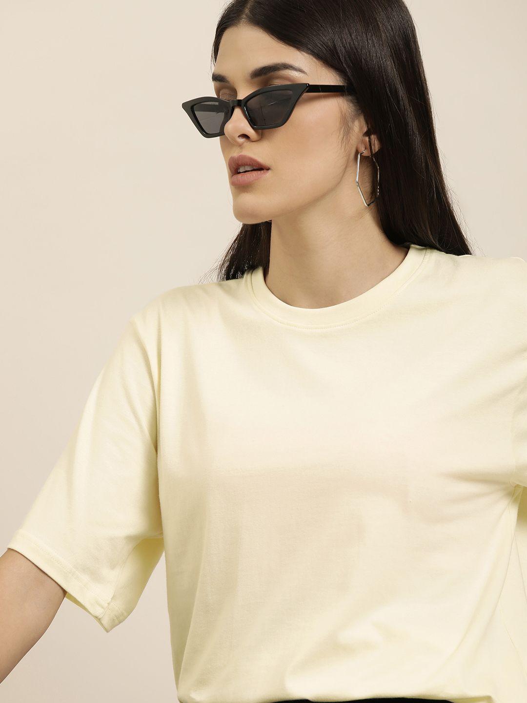 difference of opinion women cream-coloured solid pure cotton oversized t-shirt