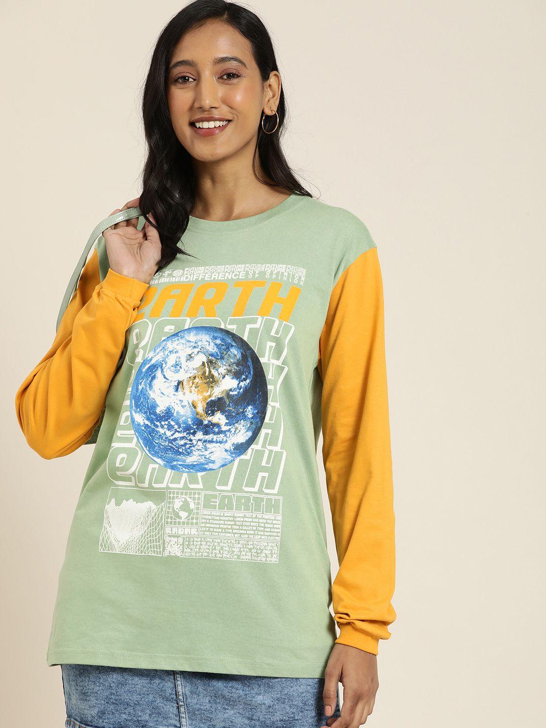 difference of opinion women green & blue printed oversized t-shirt