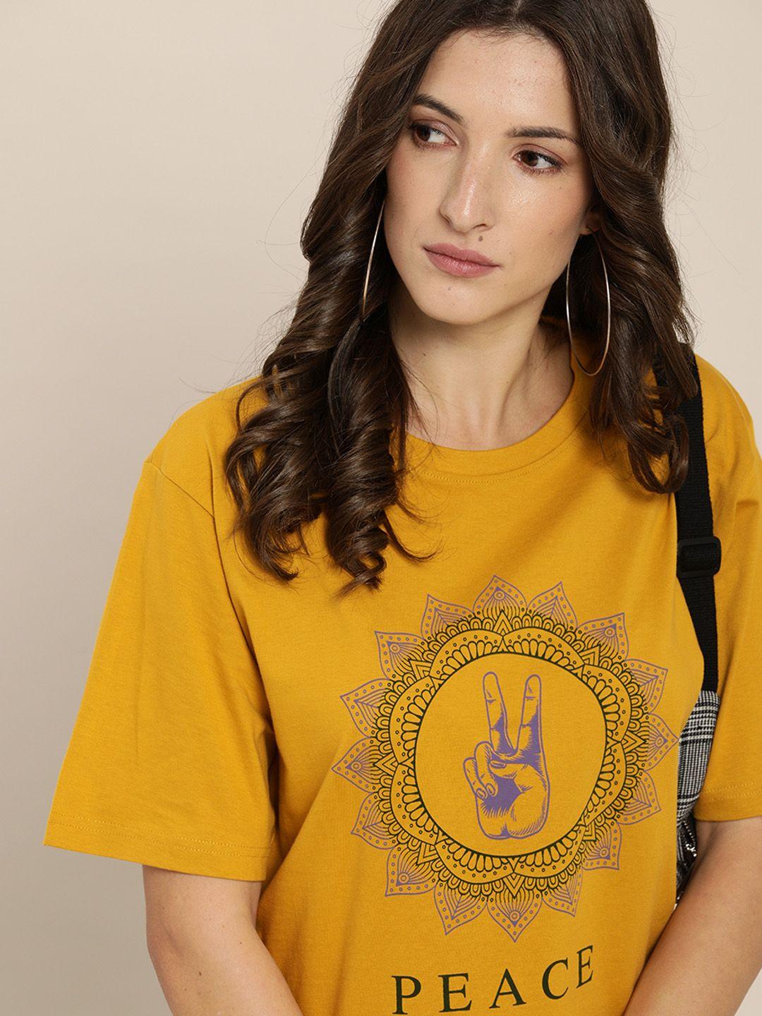 difference of opinion women mustard yellow pure cotton oversized t-shirt