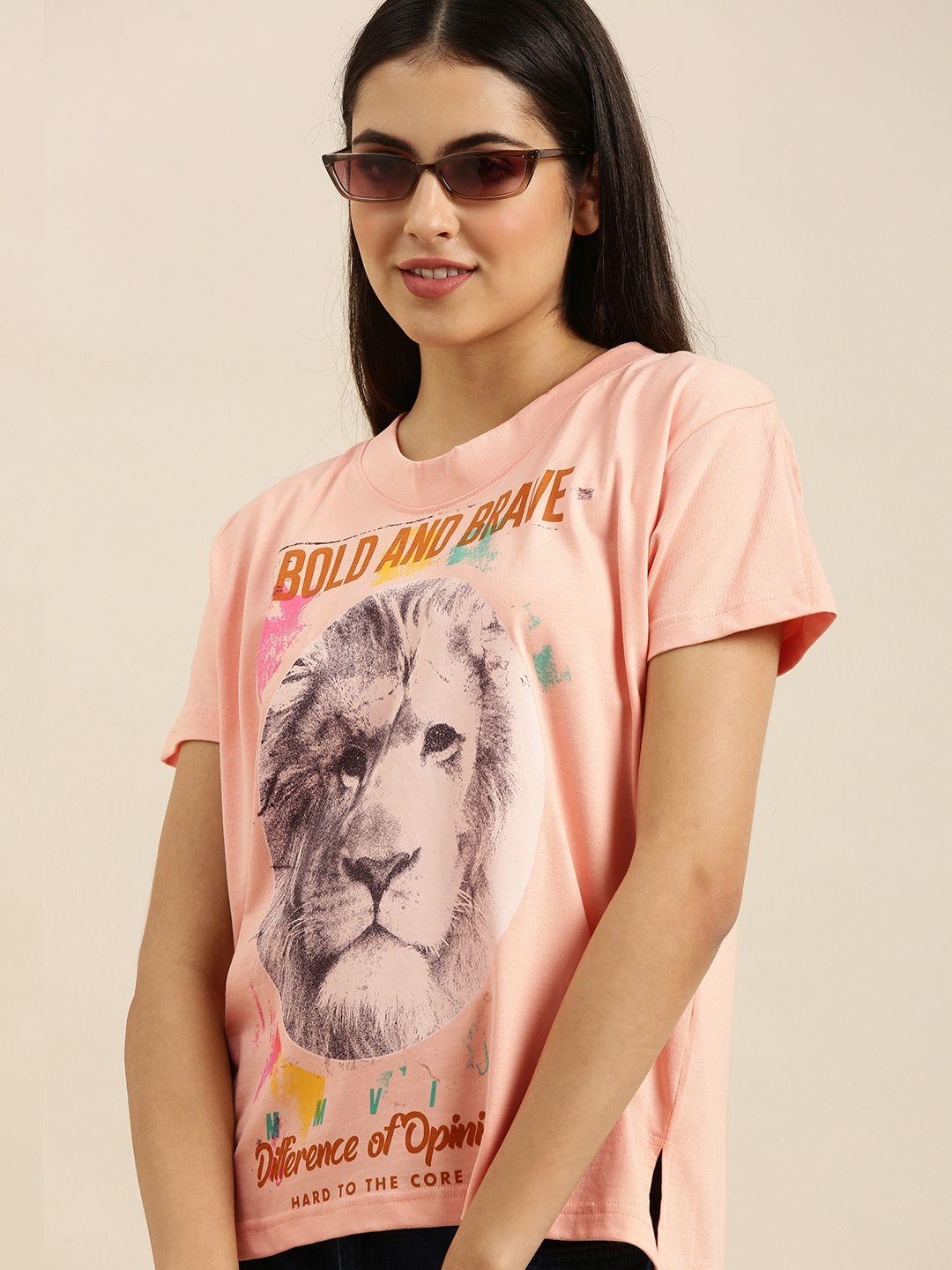difference of opinion women peach-coloured printed pure cotton boxy t-shirt