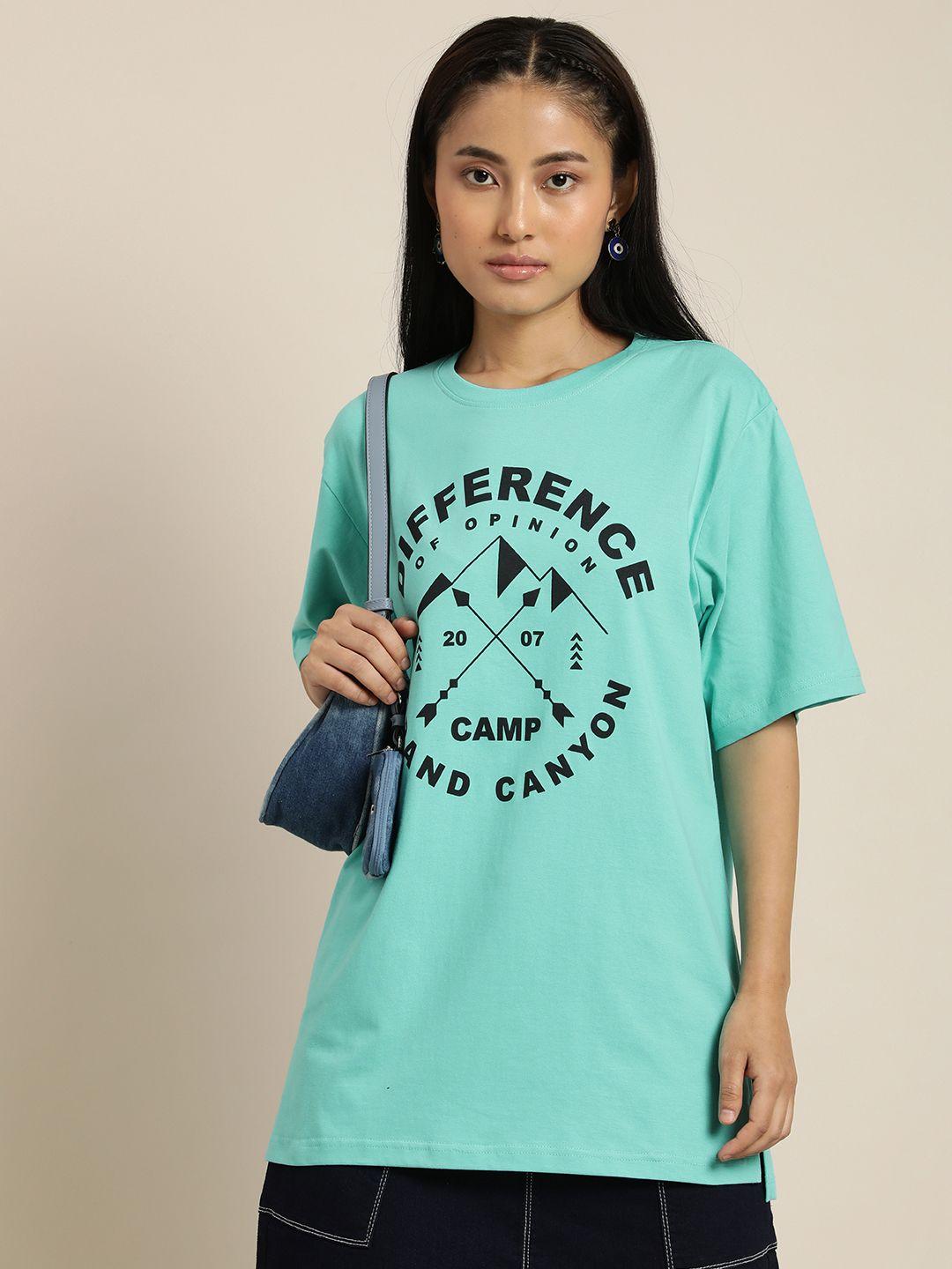 difference of opinion women sea green & black brand logo printed drop-shoulder sleeves pure cotton loose t-shirt