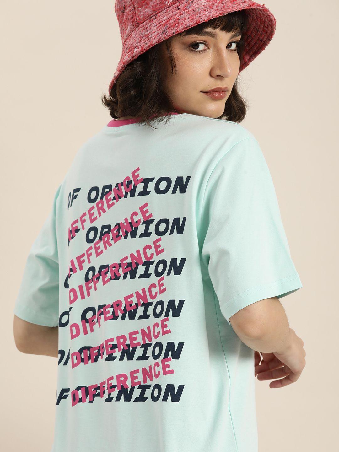 difference of opinion blue & pink back typography print cotton oversized longline t-shirt
