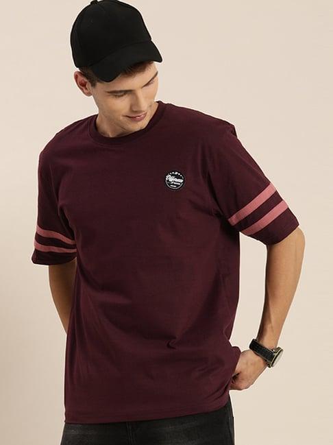 difference of opinion maroon cotton loose fit striped t-shirt