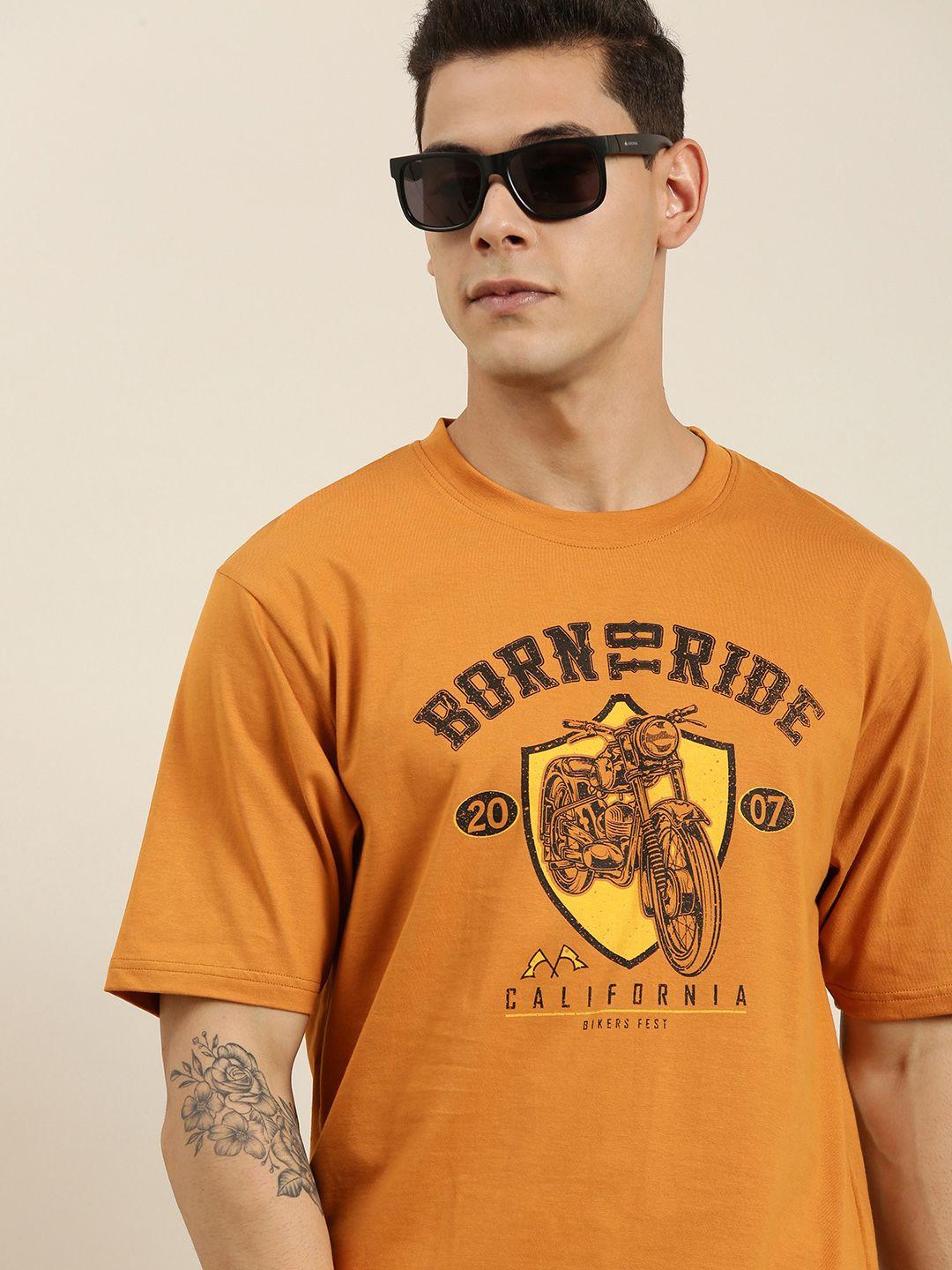 difference of opinion men brown & yellow cotton printed drop-shoulder loose t-shirt