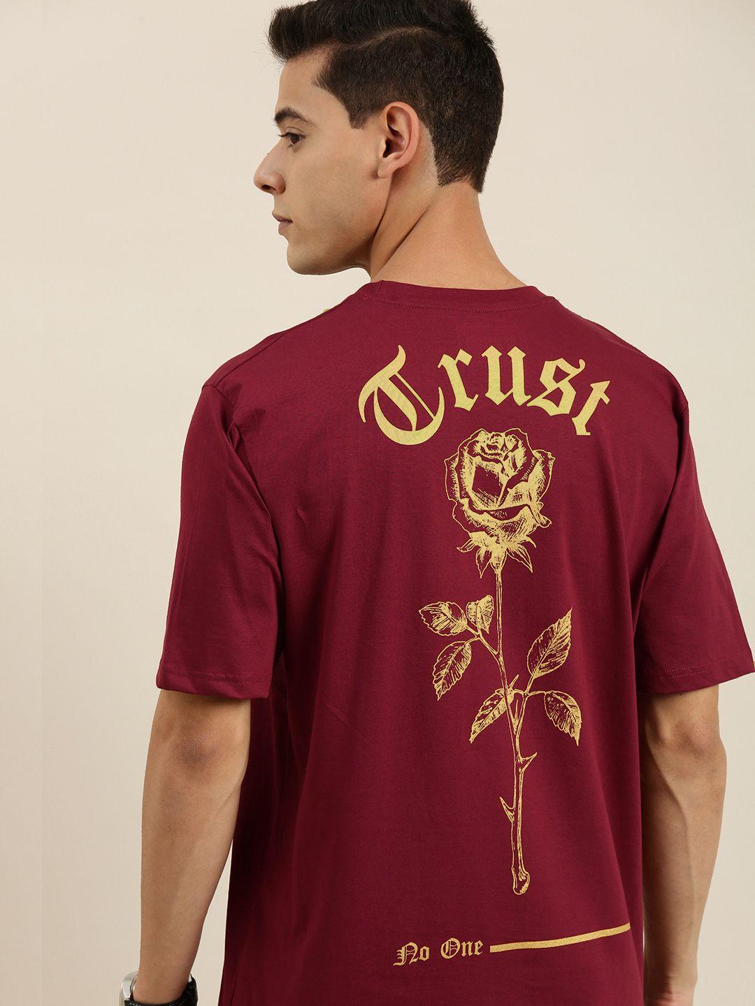 difference of opinion men maroon & yellow cotton printed drop-shoulder loose t-shirt
