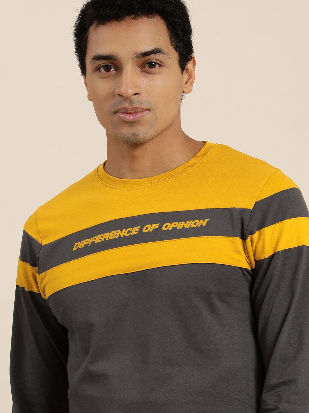 difference of opinion men mustard yellow  charcoal grey colourblocked round neck pure cotton t-shirt