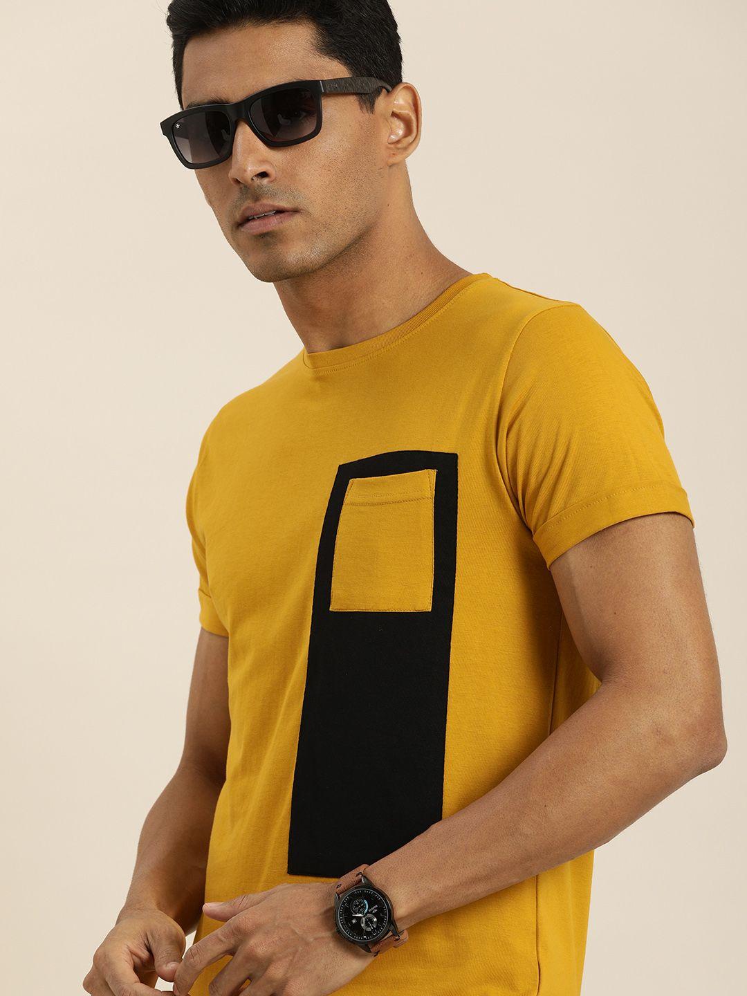 difference of opinion men mustard yellow colourblocked roll-up sleeves pure cotton t-shirt
