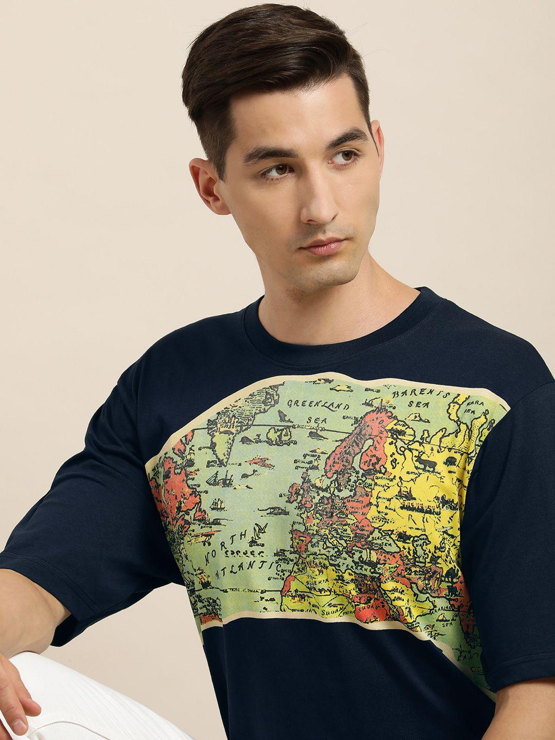 difference of opinion men navy blue & green graphic printed oversized cotton t-shirt