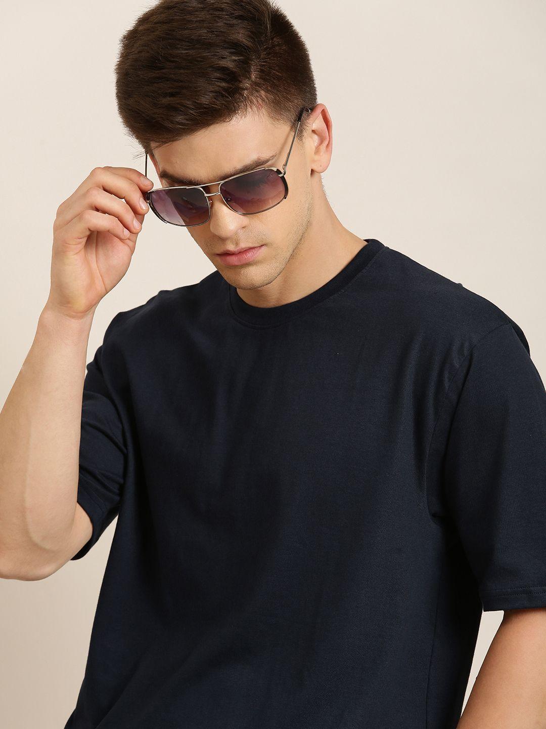 difference of opinion men navy blue pure cotton drop-shoulder loose fit oversized t-shirt
