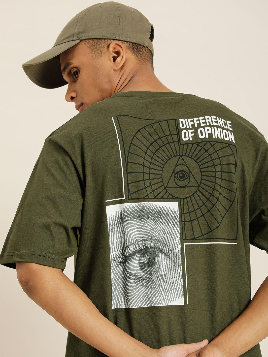 difference of opinion men olive green graphic printed pure cotton oversized t-shirt