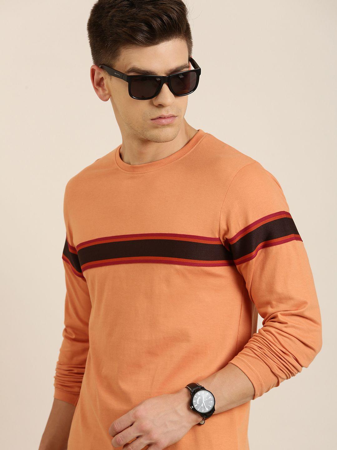 difference of opinion men orange & brown pure cotton striped t-shirt